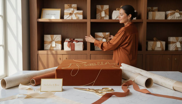 Luxury personalised gift wrap with embroidered name