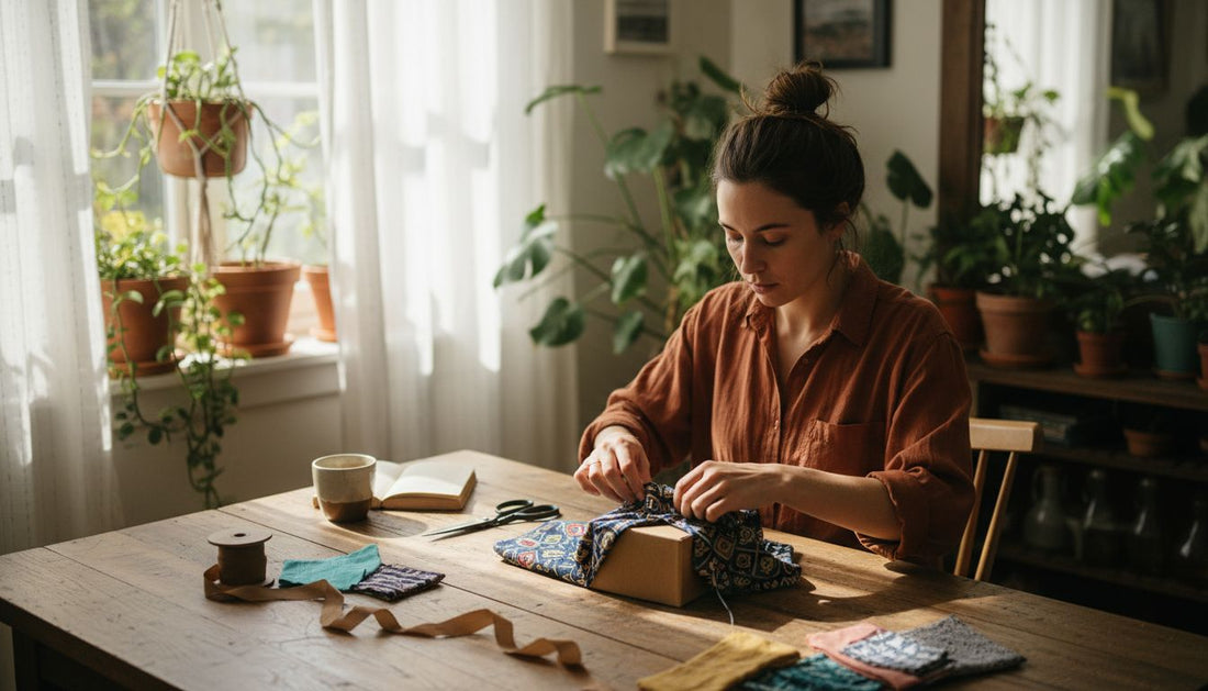 Woman wrapping gift with patterned fabric