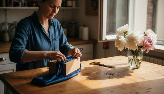Artisan wrapping gift with blue silk fabric