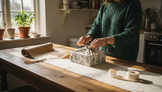 Woman wrapping gifts with sustainable materials