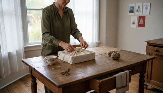 Woman wraps gift box with reusable silk fabric