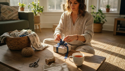 Woman wrapping gifts in reusable eco-friendly fabrics