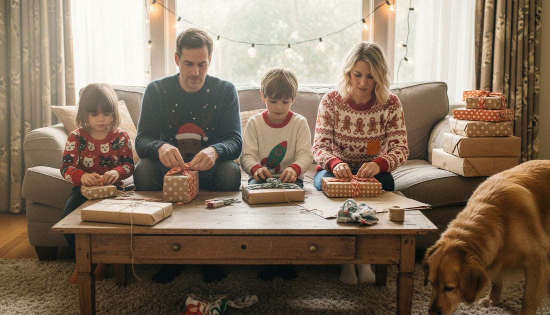 Family wrapping gifts with reusable holiday wrapping