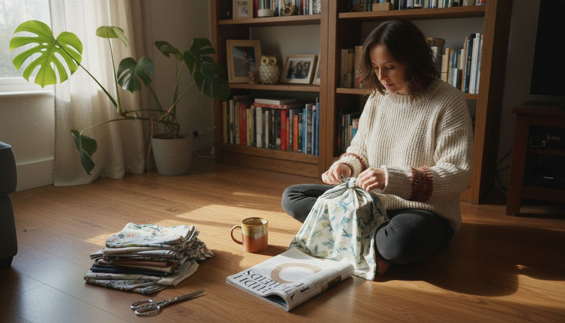 Woman wrapping gifts with reusable fabric wrap