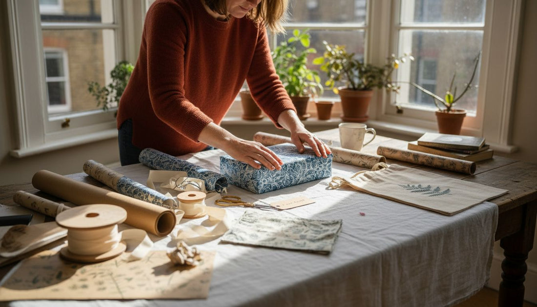 Luxury eco-friendly gift wrapping in sunlit apartment