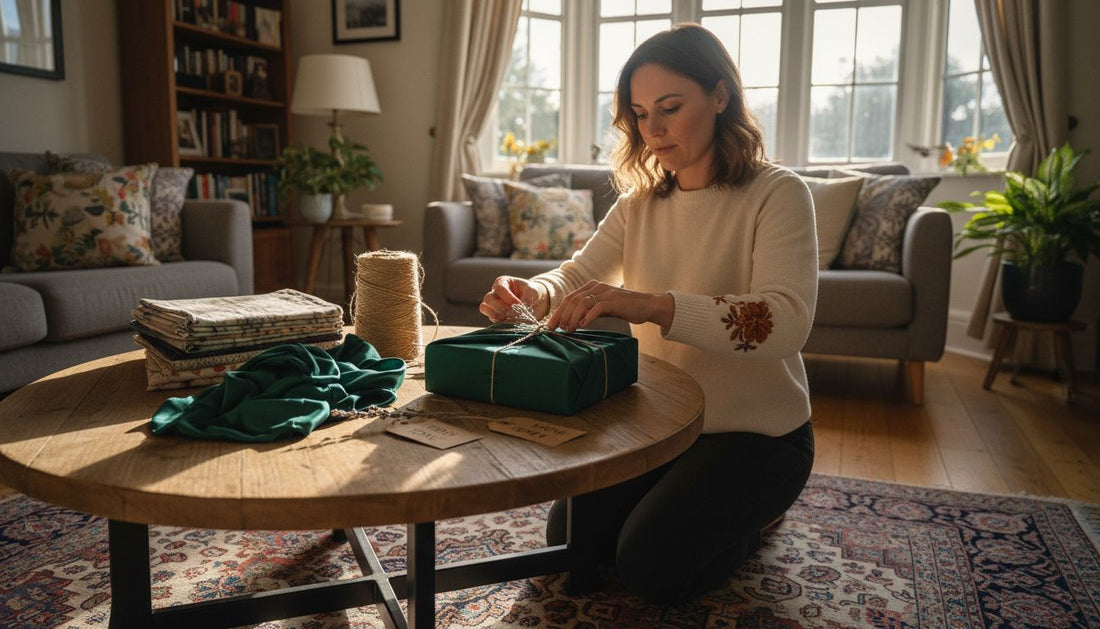 Woman wrapping luxury eco-friendly gift with fabric