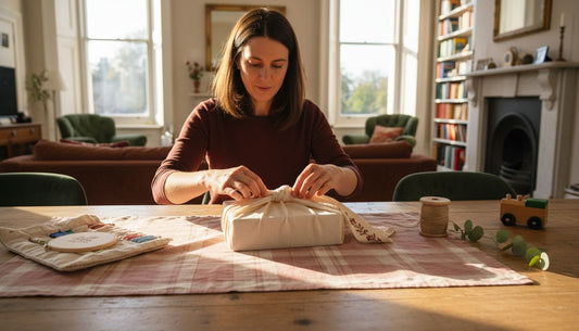 Woman wrapping eco-friendly Christmas gift in sunlight