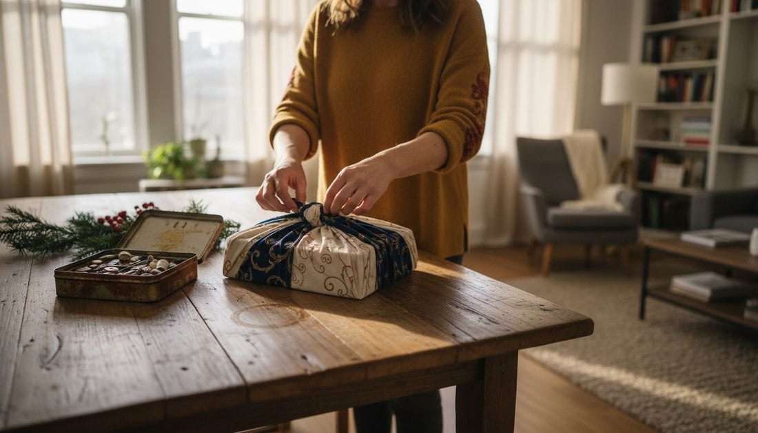 Woman wrapping gifts with reusable luxury fabric