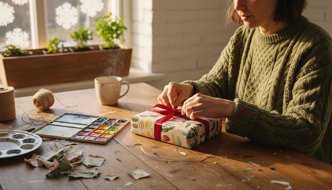 Woman wrapping handmade gift at table