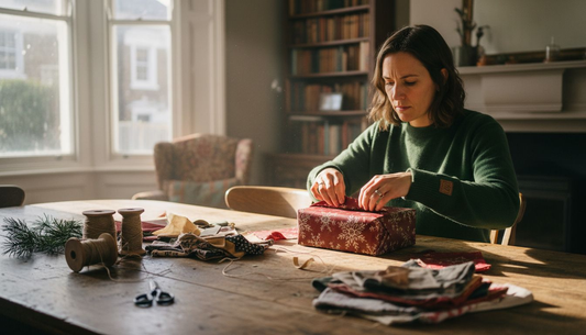 Woman wrapping Christmas gift with reusable fabric