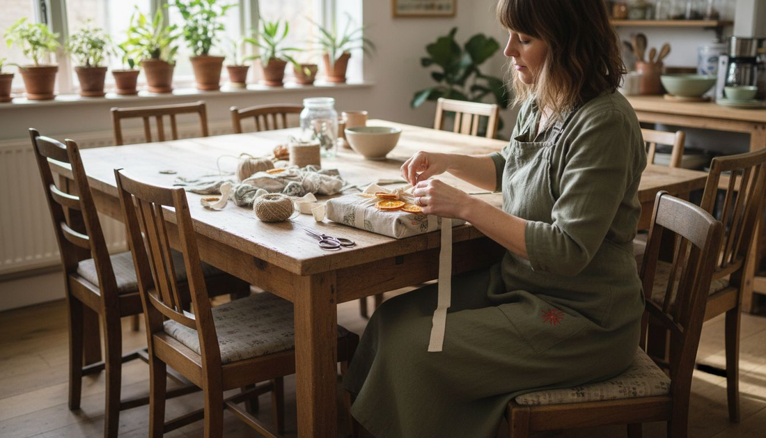 Woman tying reusable fabric wrap gift