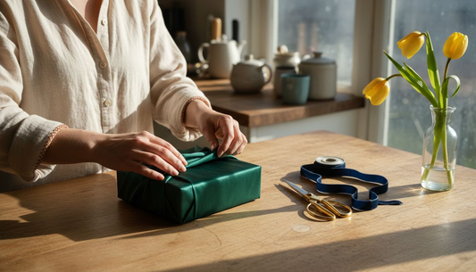 Woman wrapping gift with silk fabric