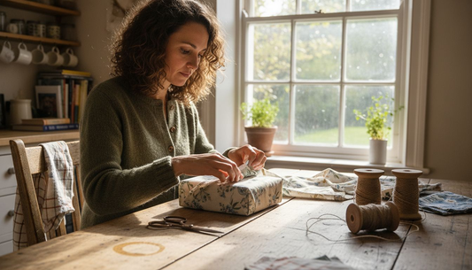 Woman wraps gift with luxury eco fabric