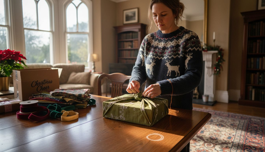 Woman wrapping Christmas gift with reusable embroidered fabric