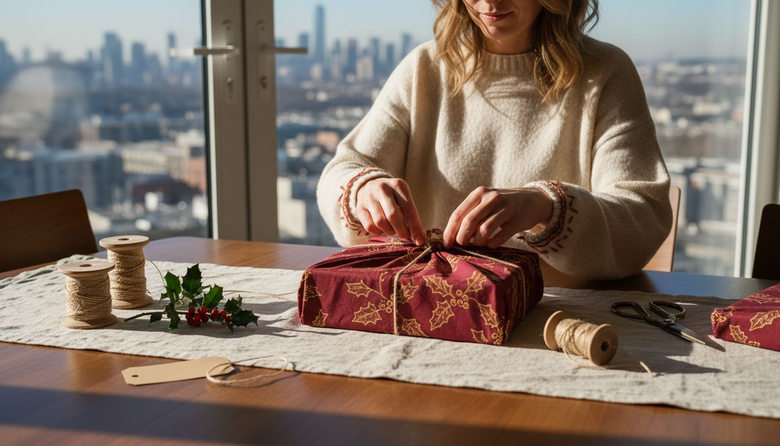 Woman wrapping gift in reusable fabric