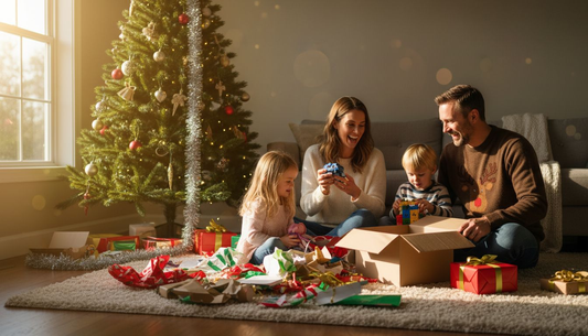 Family unwrapping Christmas gifts amidst paper waste