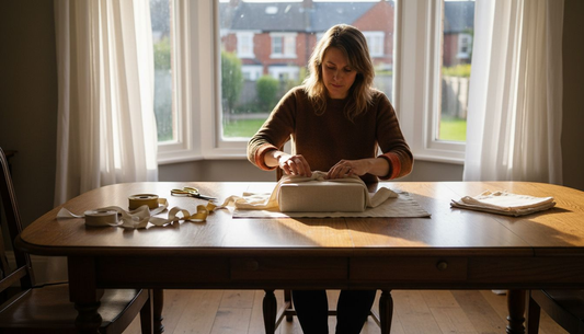 Woman wrapping gift in reusable fabric