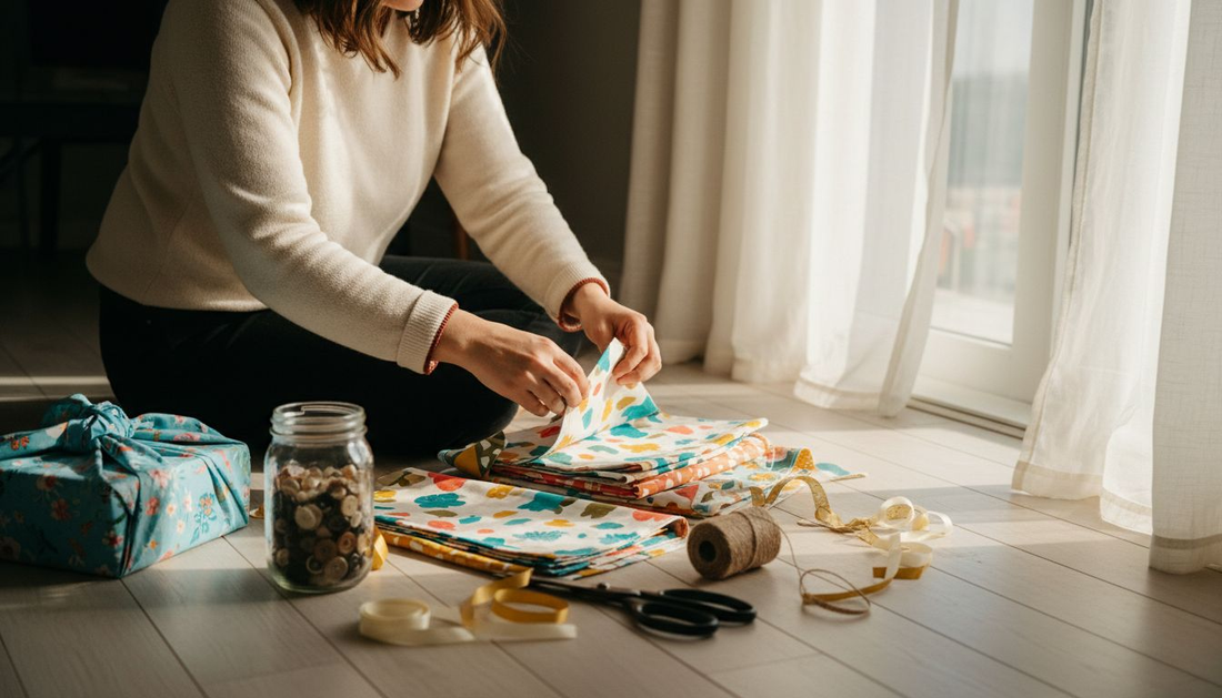 Sorting and reusing colorful fabric gift wrap