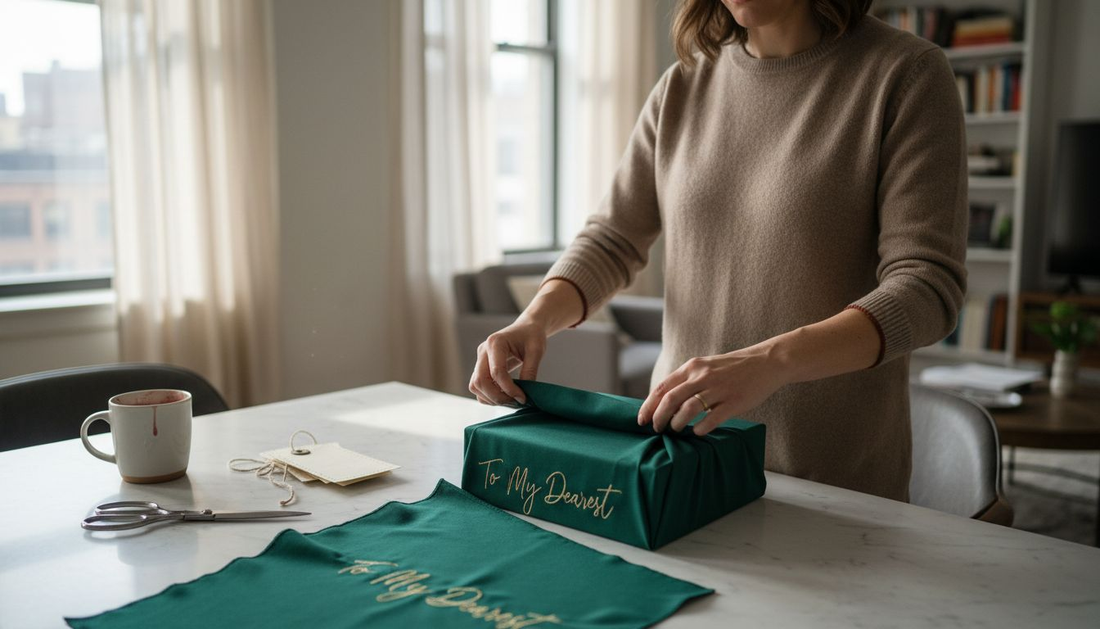 Woman wrapping gift with luxury fabric wrap