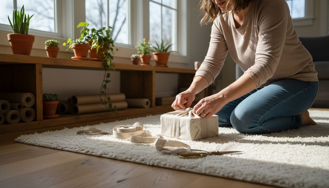 Woman wrapping a gift with sustainable materials