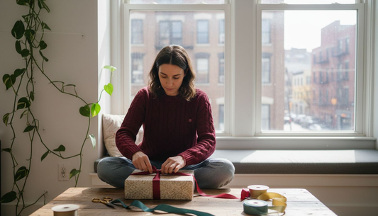 Woman tying ribbon on fabric-wrapped gift