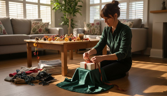 Woman wrapping a gift with green silk fabric