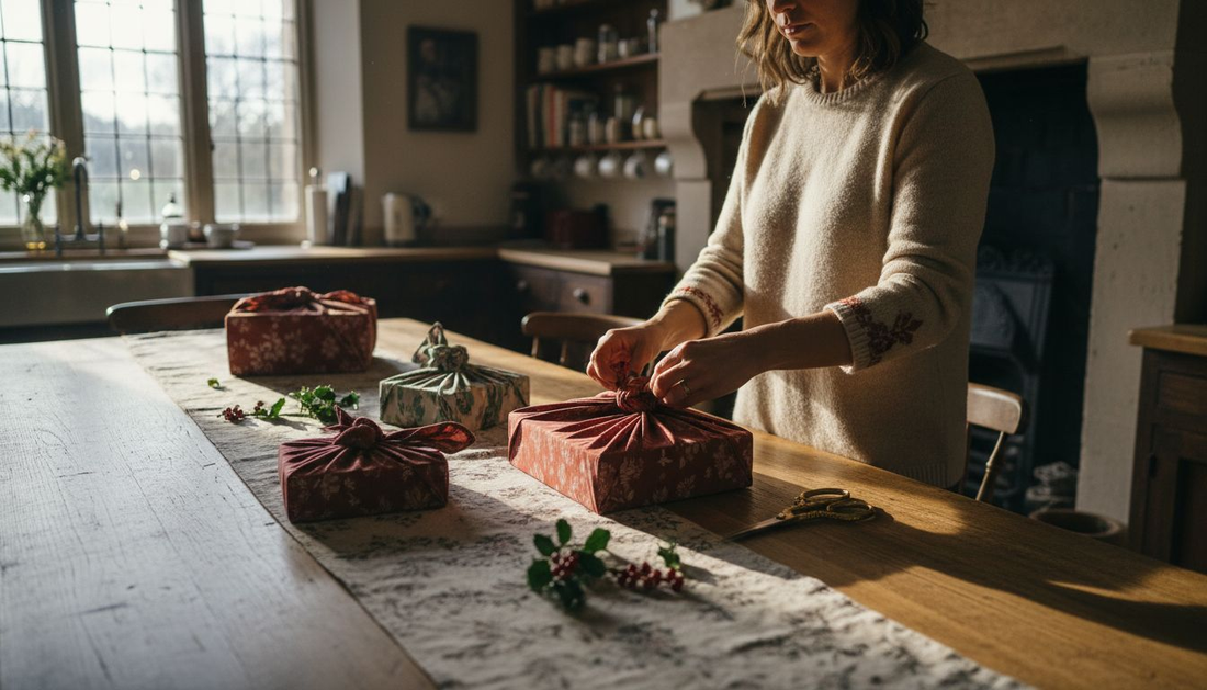 Woman wrapping Christmas gifts with reusable fabric
