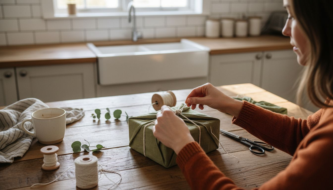 Woman wrapping gift in green fabric on kitchen table