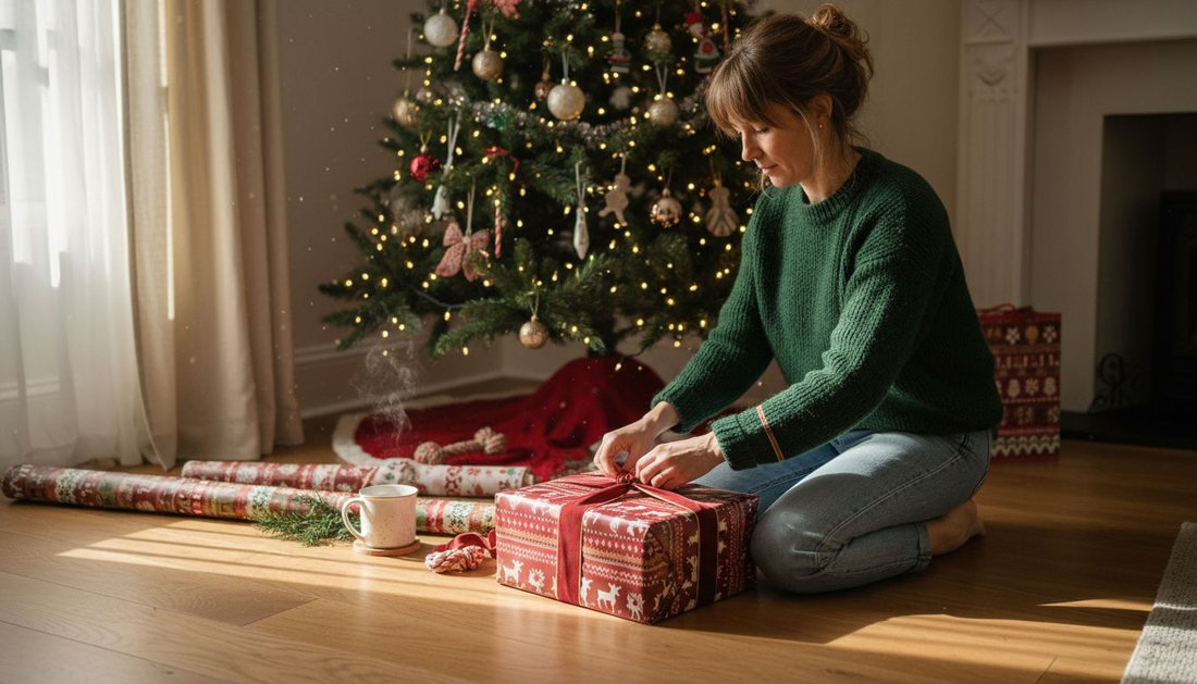 Woman using fabric wraps for Christmas gifts