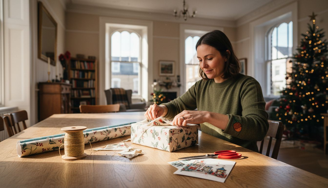 Woman wrapping gift at festive dining table