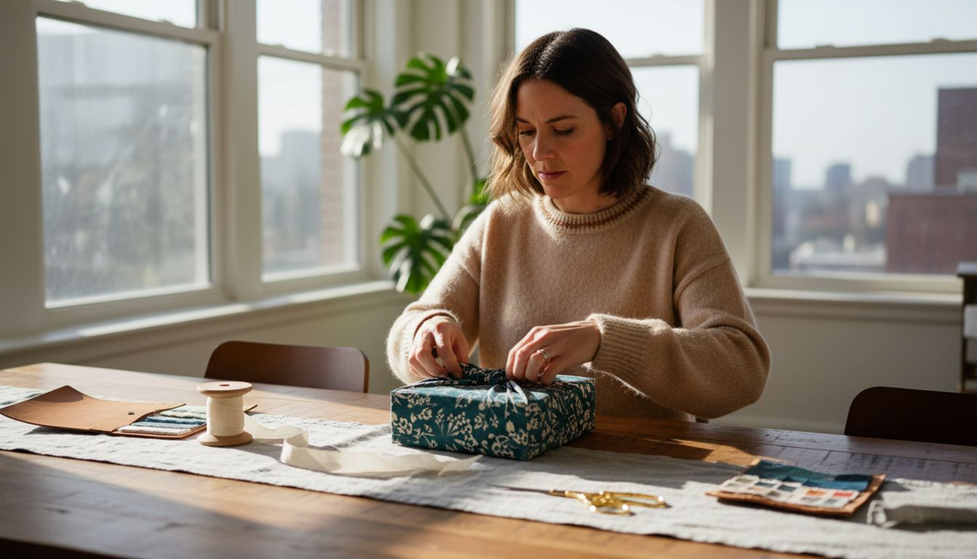 Woman wrapping gift with luxury eco fabric