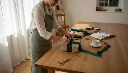 Artisan wrapping gift with luxury fabric