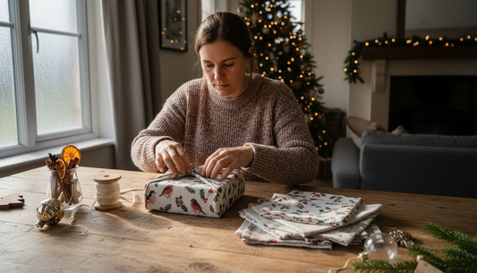 Woman wrapping Christmas gift with sustainable fabric