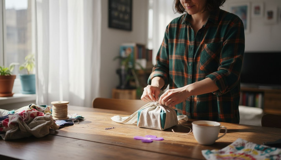 Woman wrapping gift with fabric at dining table