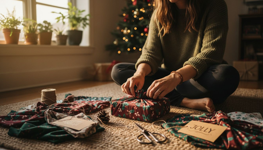 Woman wrapping eco Christmas gifts with fabric