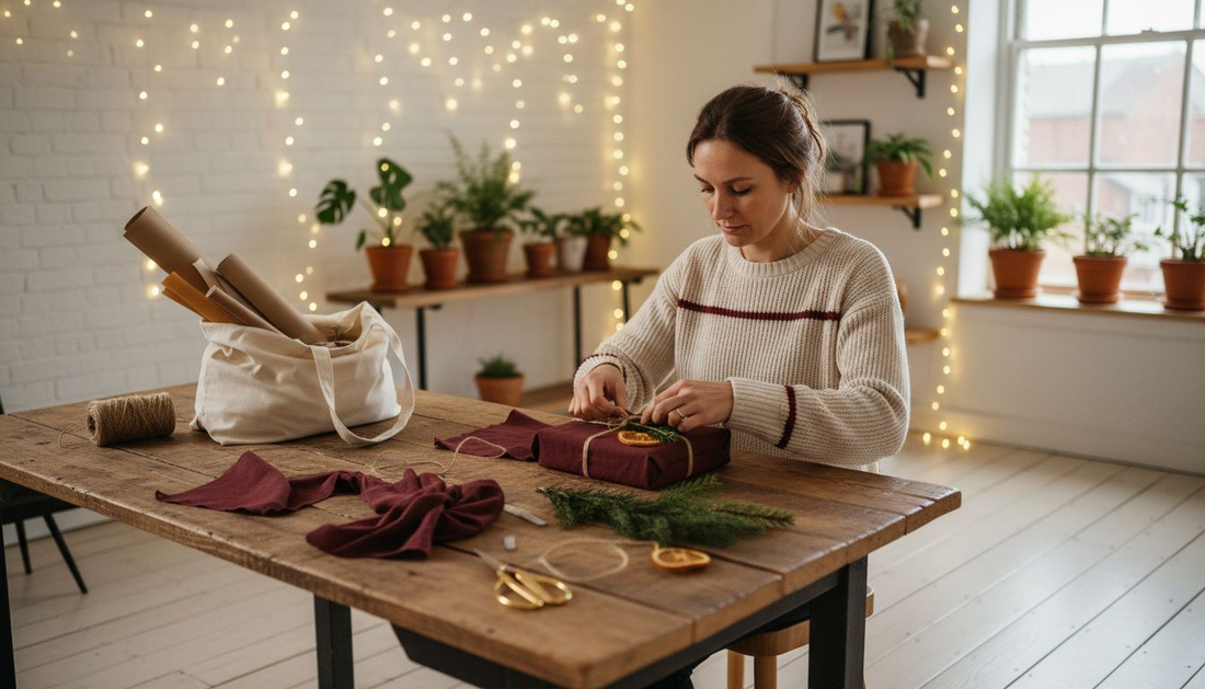 Woman wrapping luxury Christmas gift sustainably
