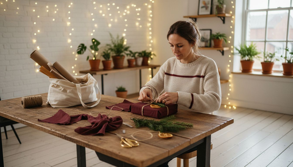 Woman wrapping luxury Christmas gift sustainably