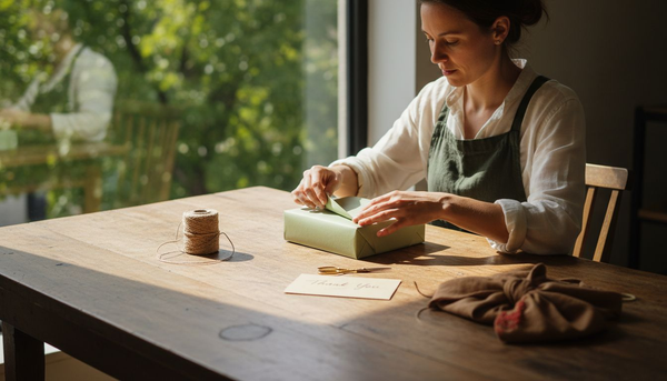 Shop owner wrapping gift with eco materials
