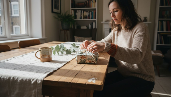 Woman wrapping gifts with artisan fabrics