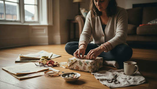 Woman wraps gift with upcycled fabric in living room