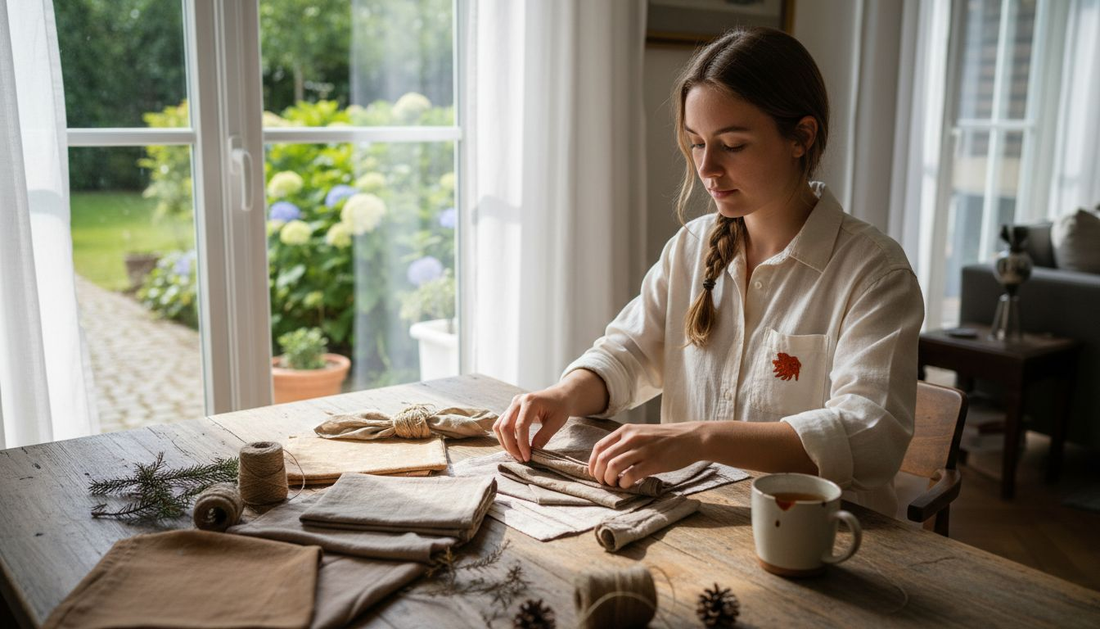 Woman arranging reusable fabric gift wraps