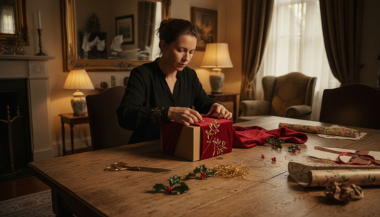 Woman wrapping box in luxury fabric gift wrap