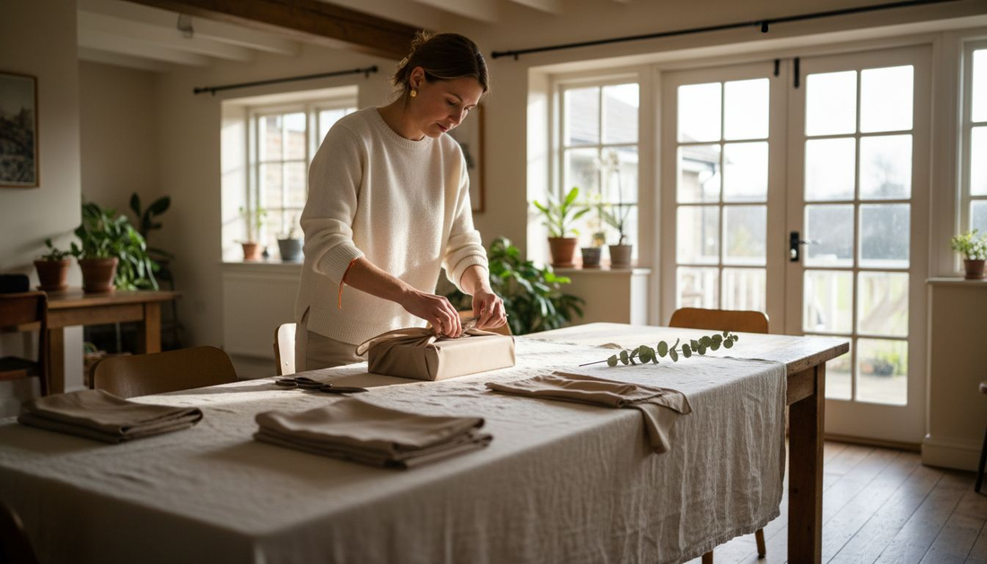 Woman wrapping luxury gift with silk fabric