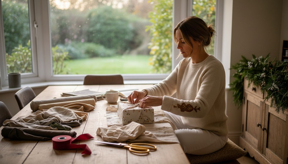 Woman wrapping gifts with luxury eco materials