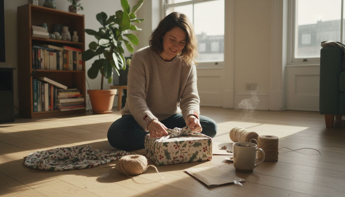 Woman wrapping gifts with sustainable materials