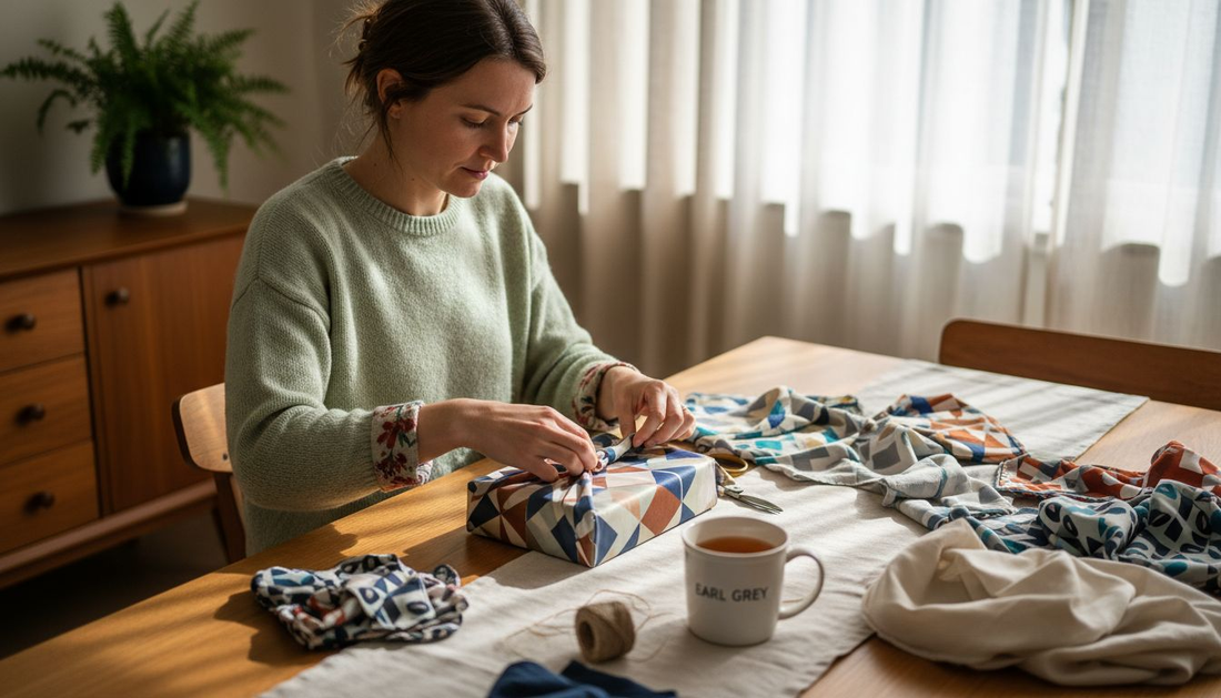 Woman wraps gift in luxury reusable fabric