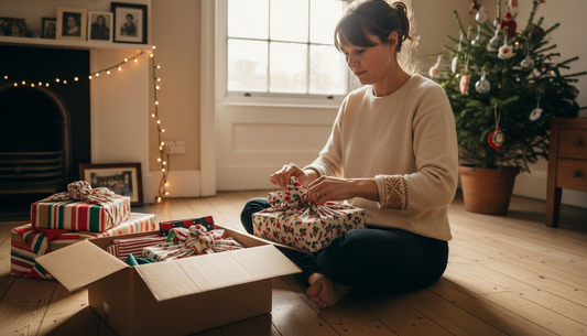 Woman wrapping gifts in reusable fabric by Christmas tree
