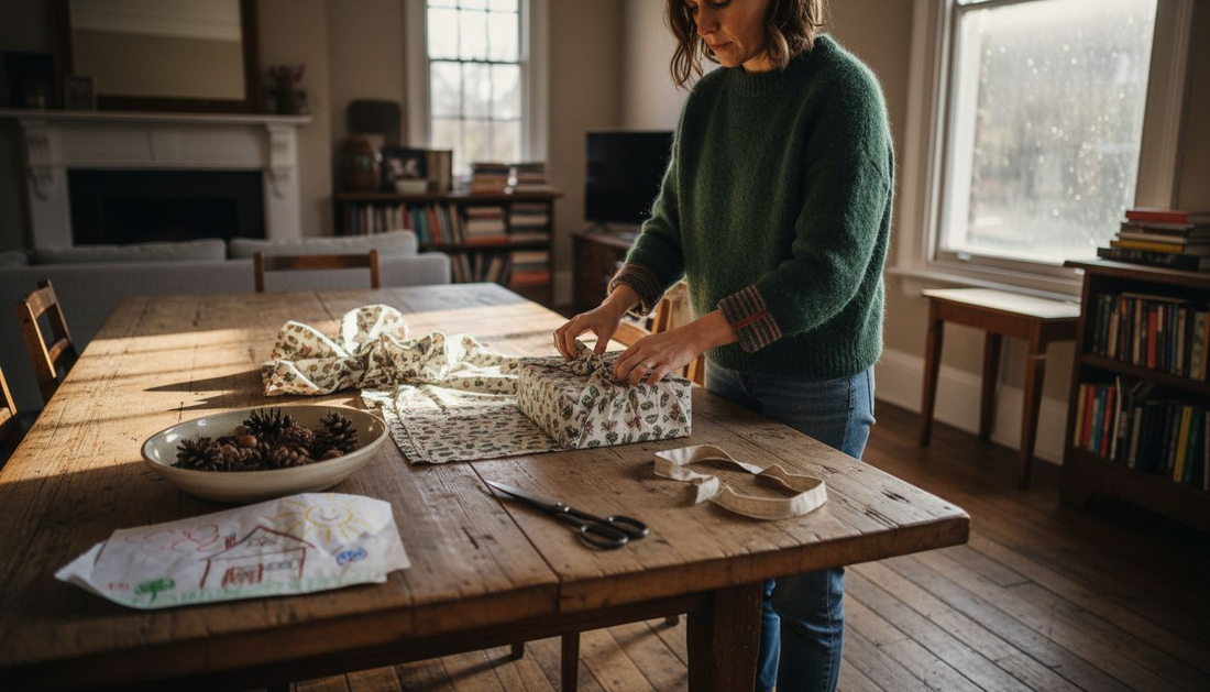 Woman wraps gift in fabric at sunlit table