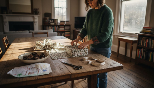Woman wraps gift in fabric at sunlit table