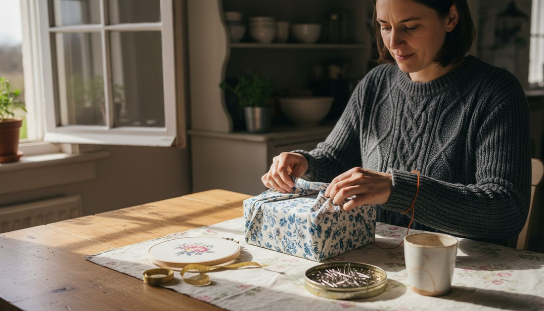 Woman folding fabric around gift at table